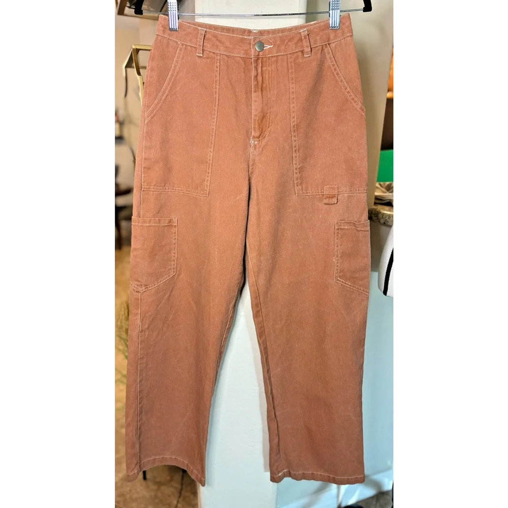 Altar'd State Jeans Womens Small Orange Barrel Leg Carpentar Cargo Pockets Boho
